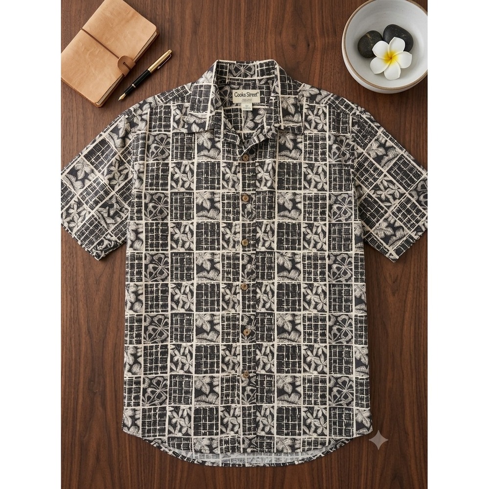 Cooke Street Honolulu Mens Medium Black White Tropical Floral Cotton Aloha Shirt